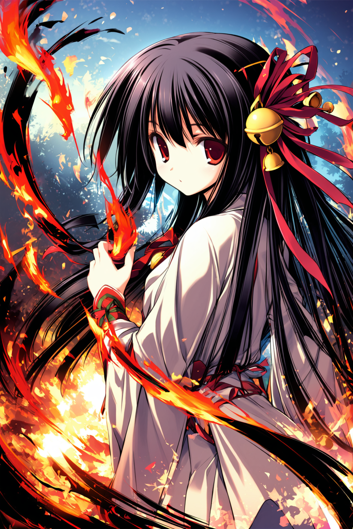 30191-2184874108-1girl, solo, black hair, fire, red eyes, bell, long hair, hair ornament, long sleeves, looking at viewer, looking back, hair bel.png